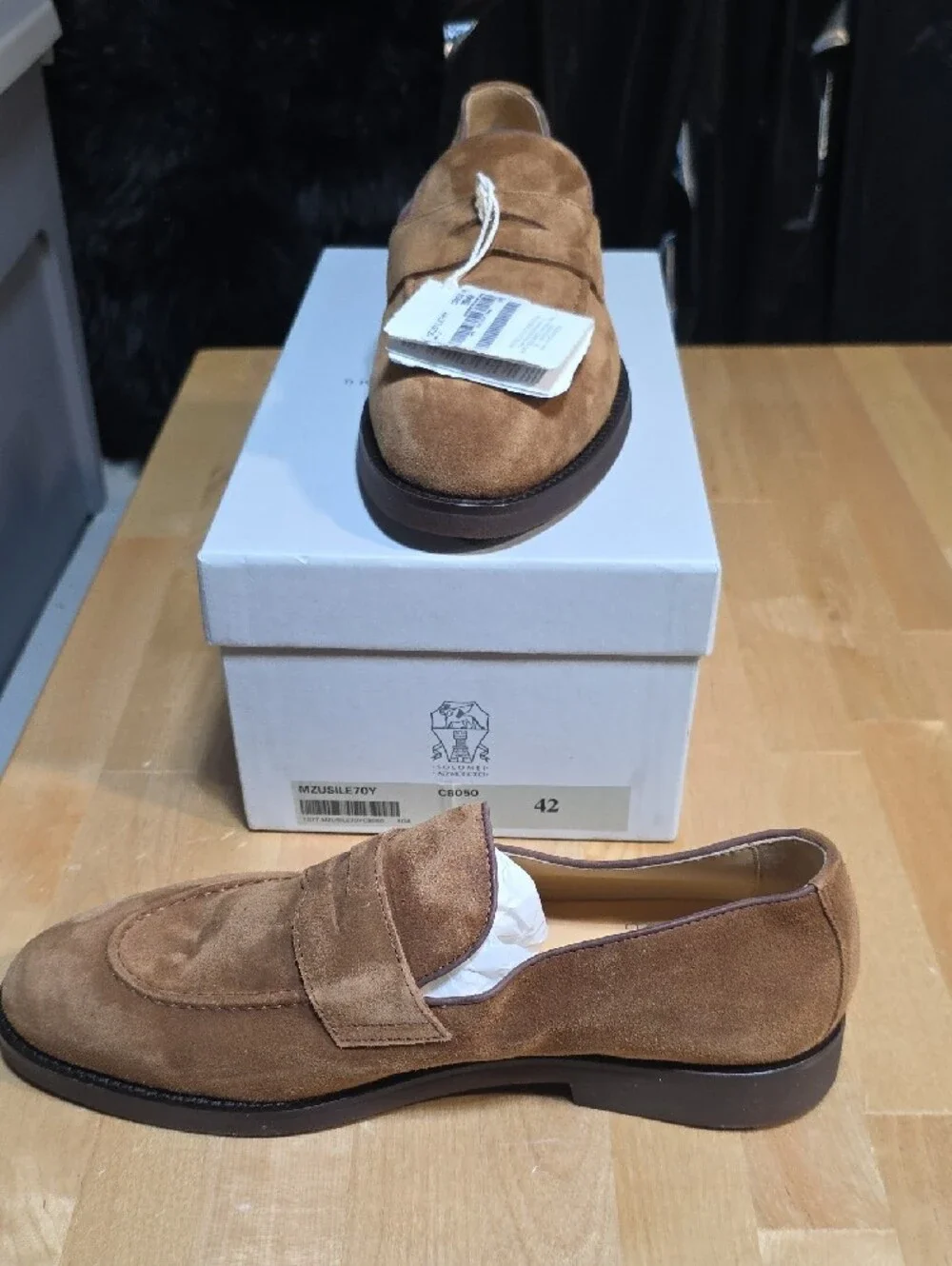 Brunello Cucinelli Tan Suede Penny Loafers